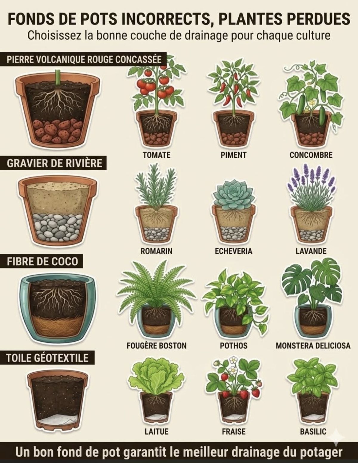 Fond de pots incorrect, plantes perdues. — conseils jardinage